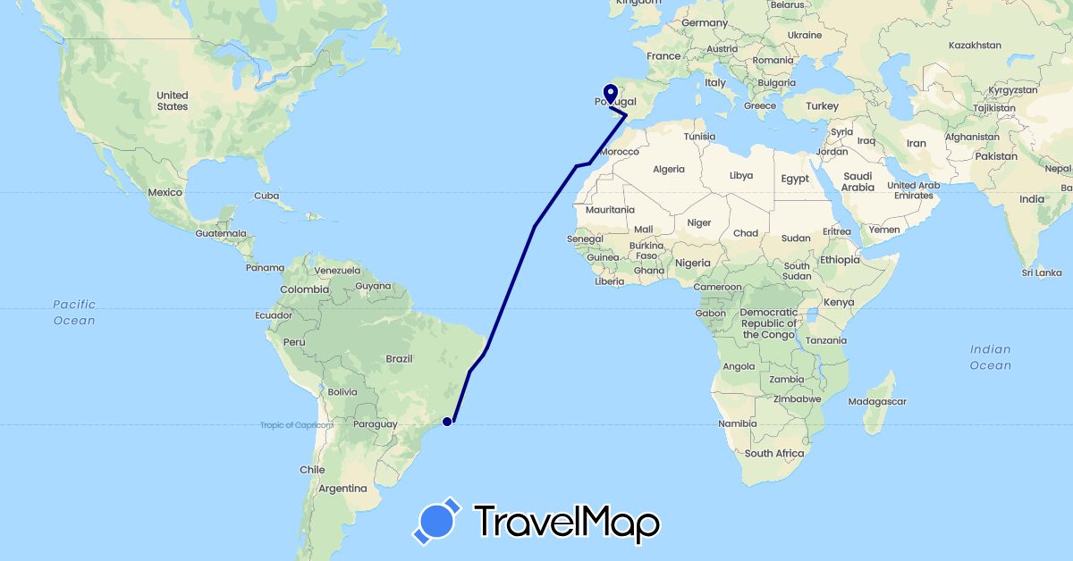 TravelMap itinerary: driving in Brazil, Cape Verde, Spain, Portugal (Africa, Europe, South America)